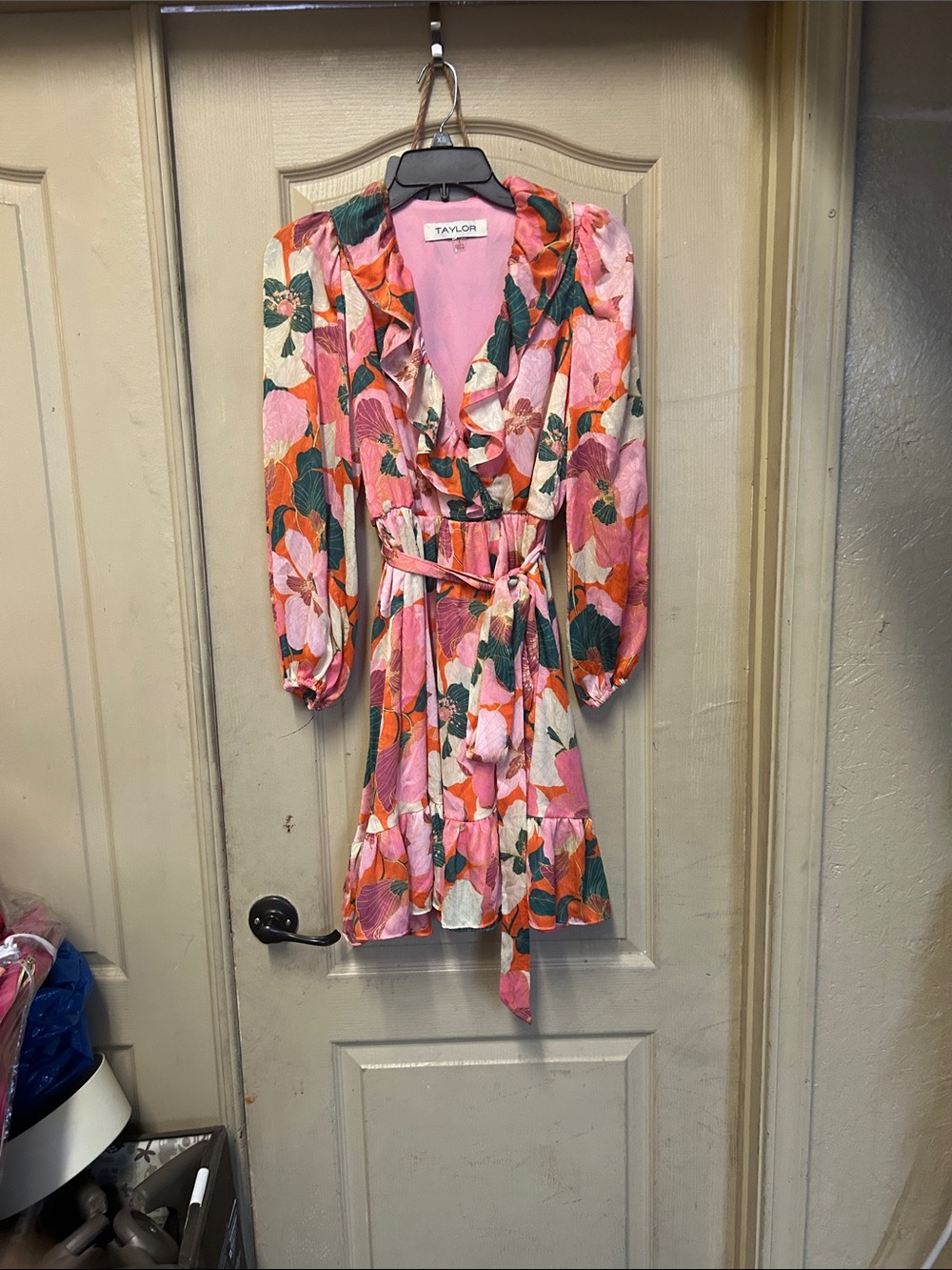 Taylor Pink and Green Floral Wrap Mini Dress with Tie